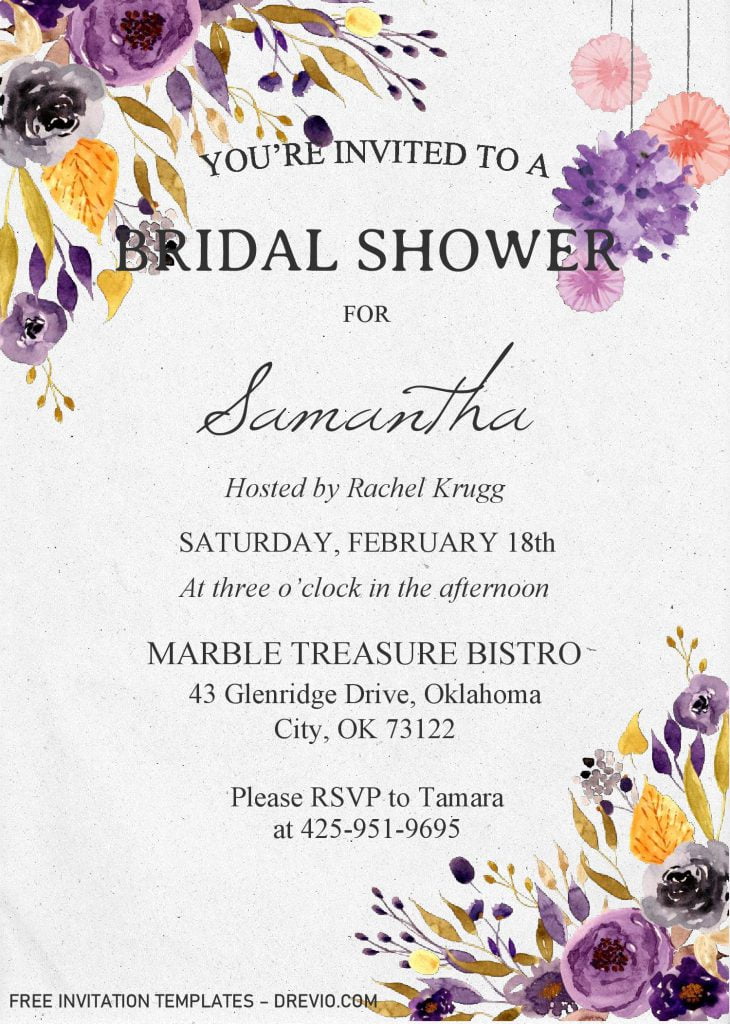 Purple Floral Invitation Templates - Editable With MS Word and has Paper grain background
