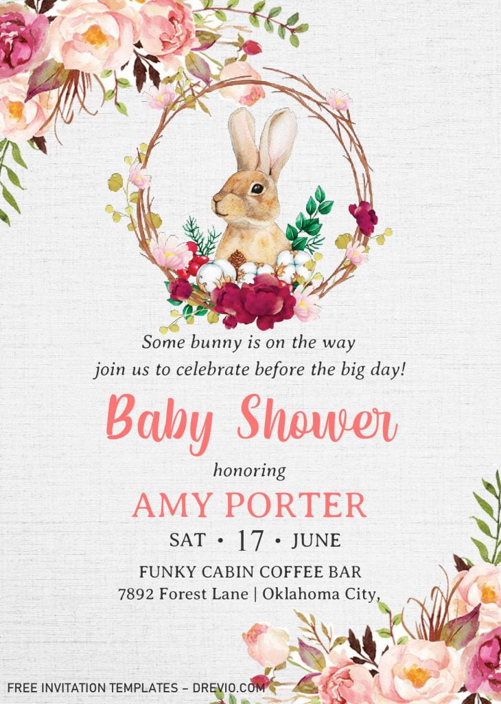 Some Bunny Invitation Templates - Editable With MS Word and has watercolor floral painting