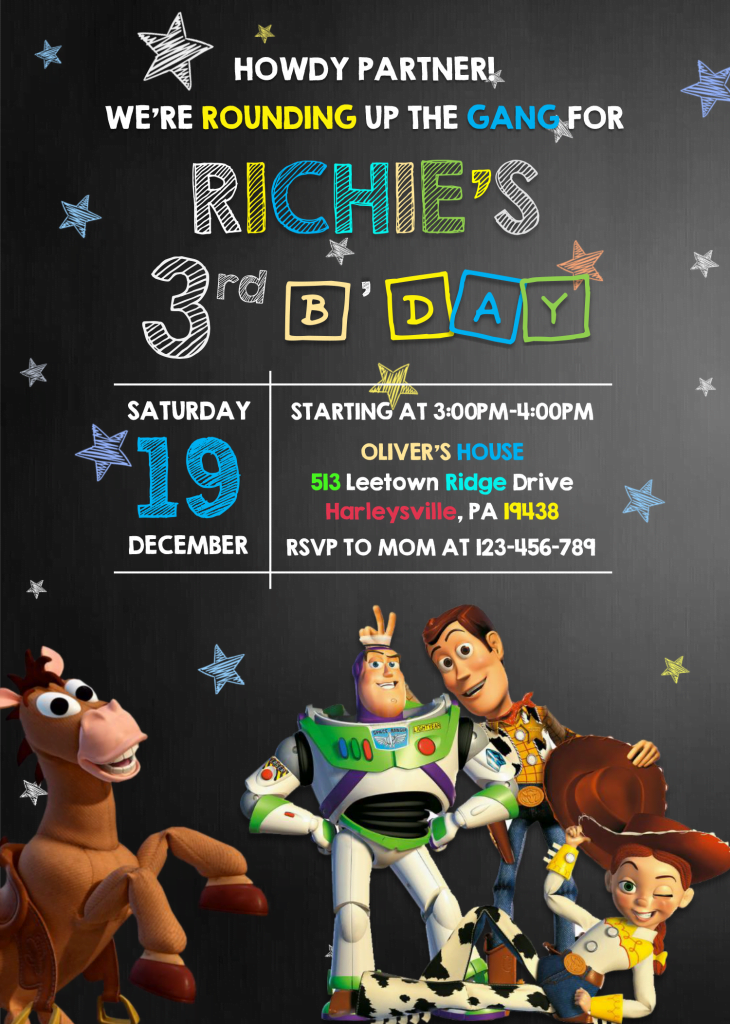 Toy Story Invitation Templates - Editable With Microsoft Word and has blackboard background