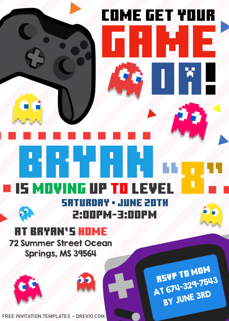 Video Game Invitation Templates - Editable .Docx and has pacman characters