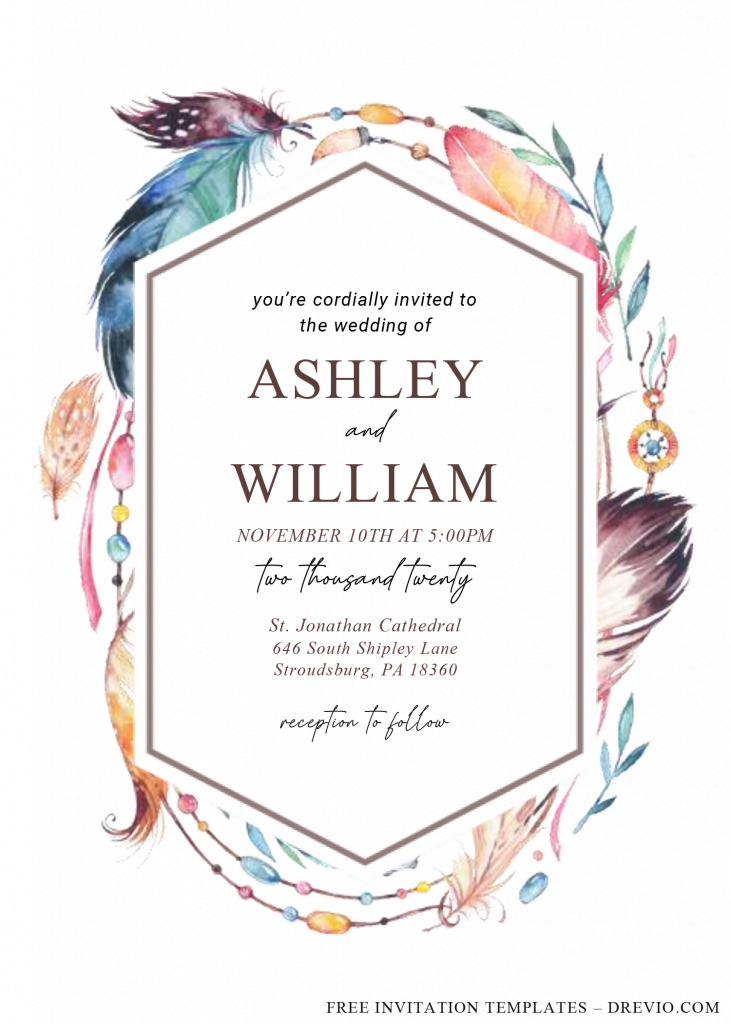 Boho Feathers Invitation Templates - Editable With Microsoft Word and has portrait orientation