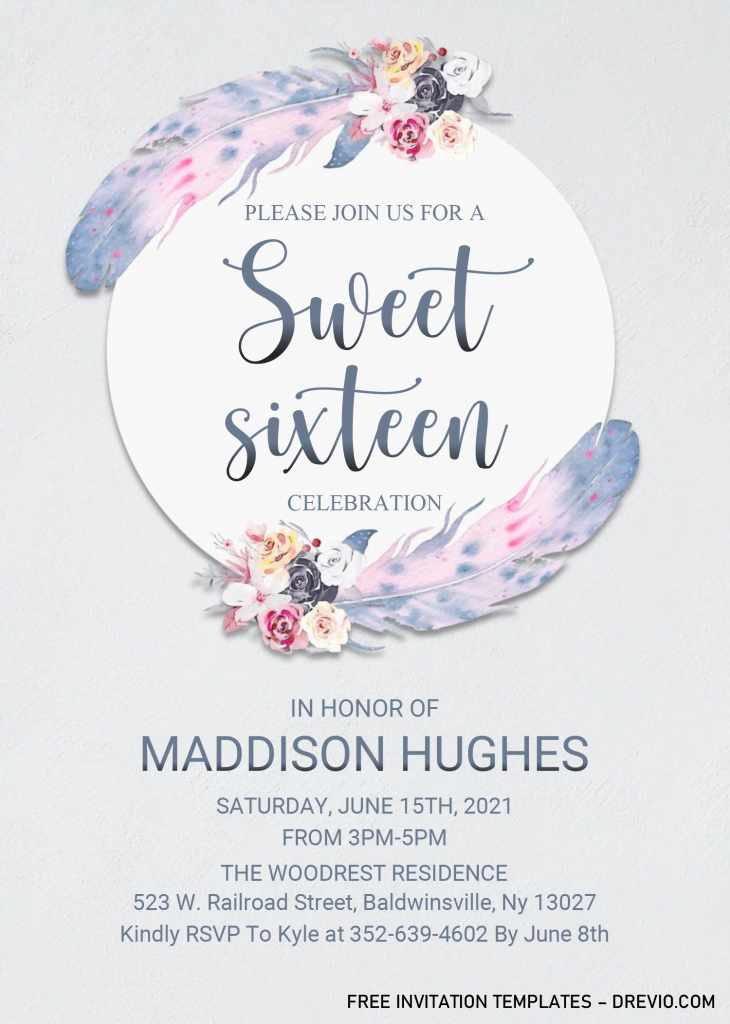 Boho Sweet Sixteen Invitation Templates - Editable With MS Word and has paper grain textured background