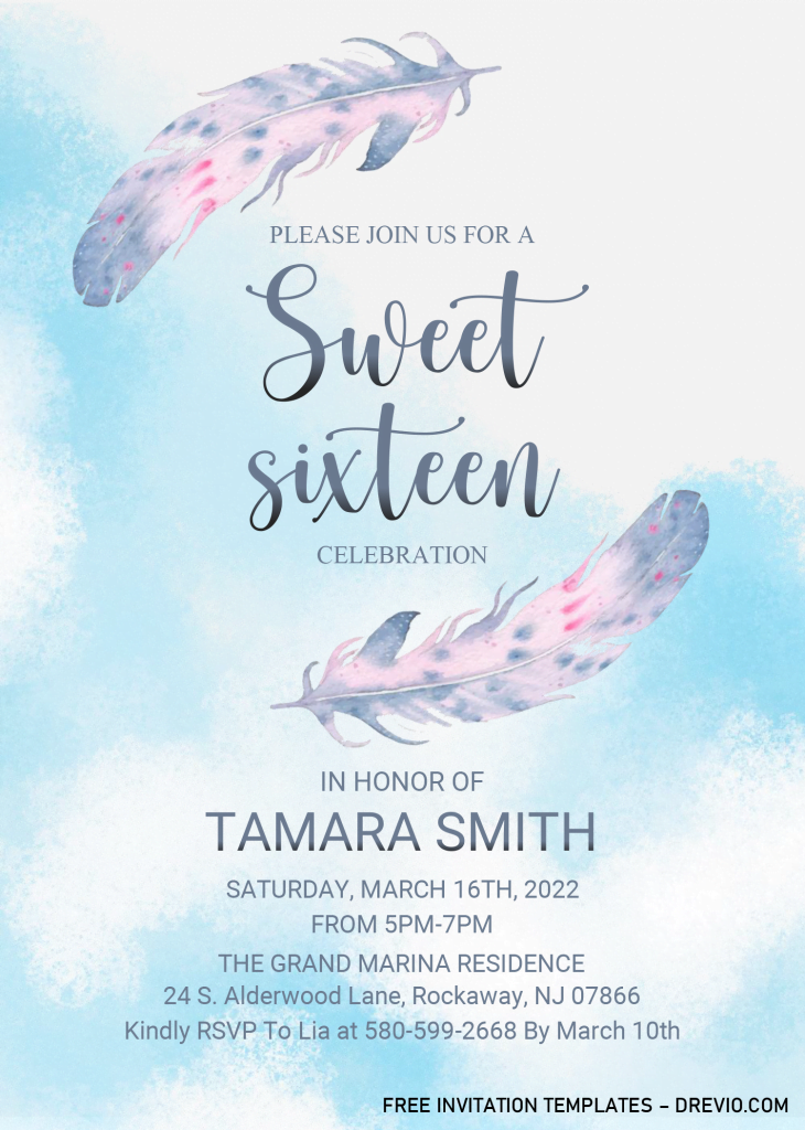 Boho Sweet Sixteen Invitation Templates - Editable With MS Word and has blue shaded background
