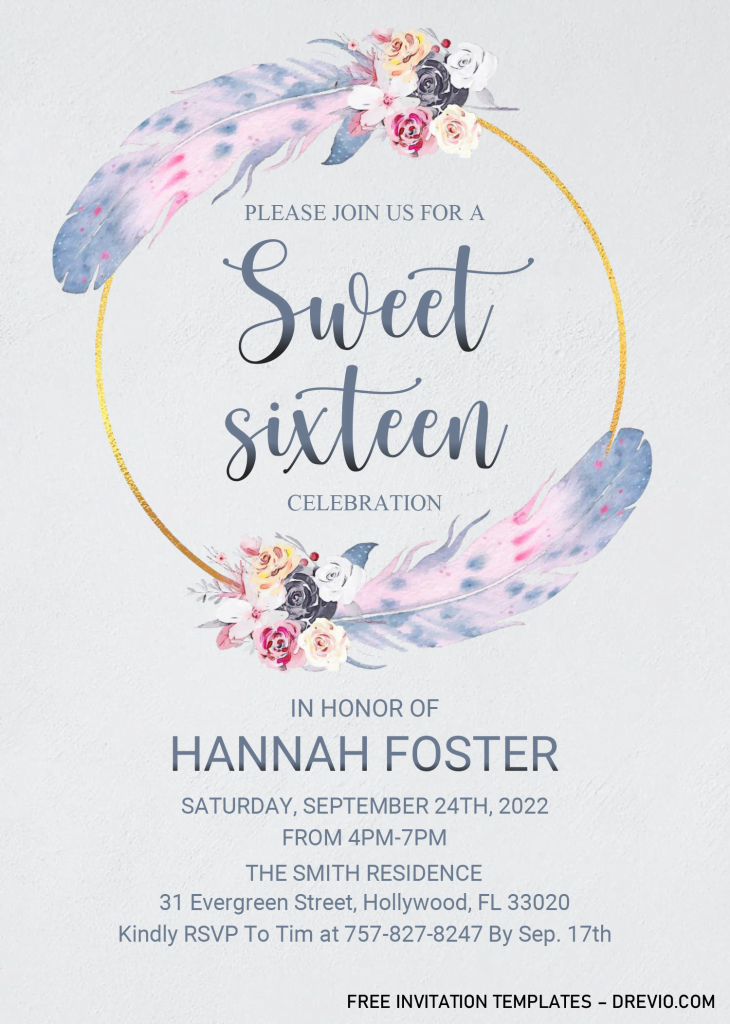 Boho Sweet Sixteen Invitation Templates - Editable With MS Word and has white background