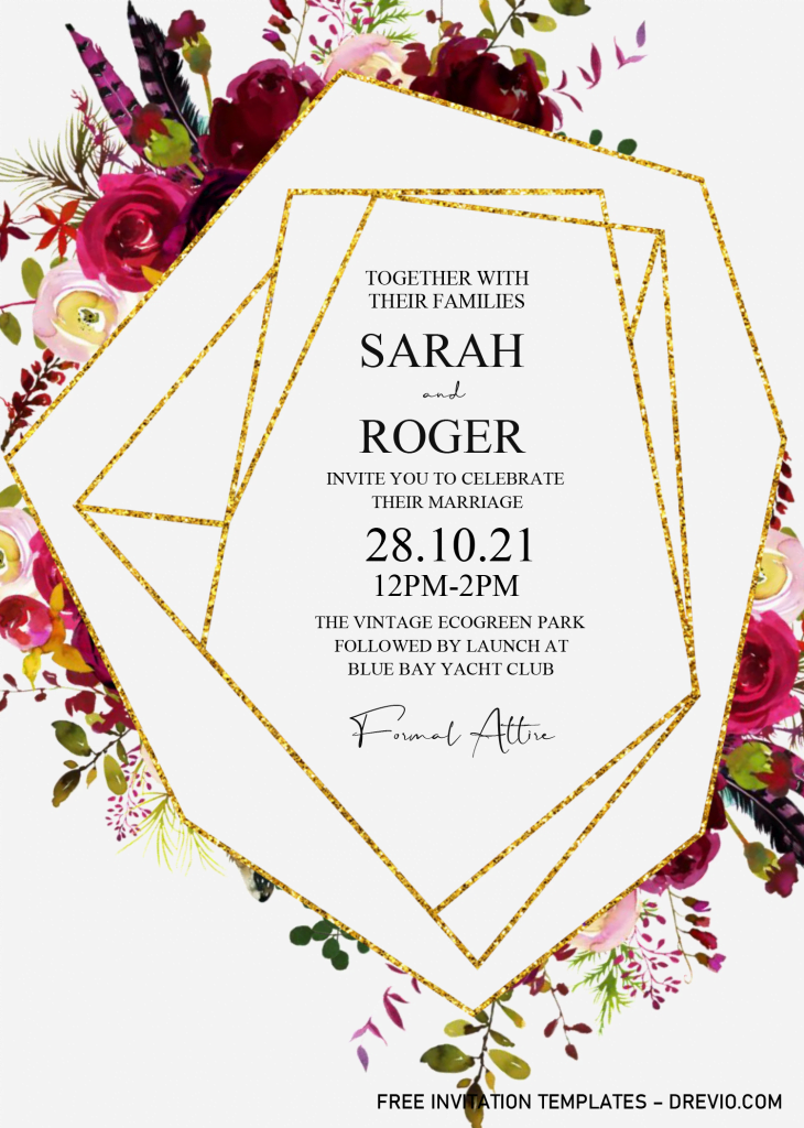 Burgundy Gold Invitation Templates - Editable With MS Word and has Gold Geometric Frame