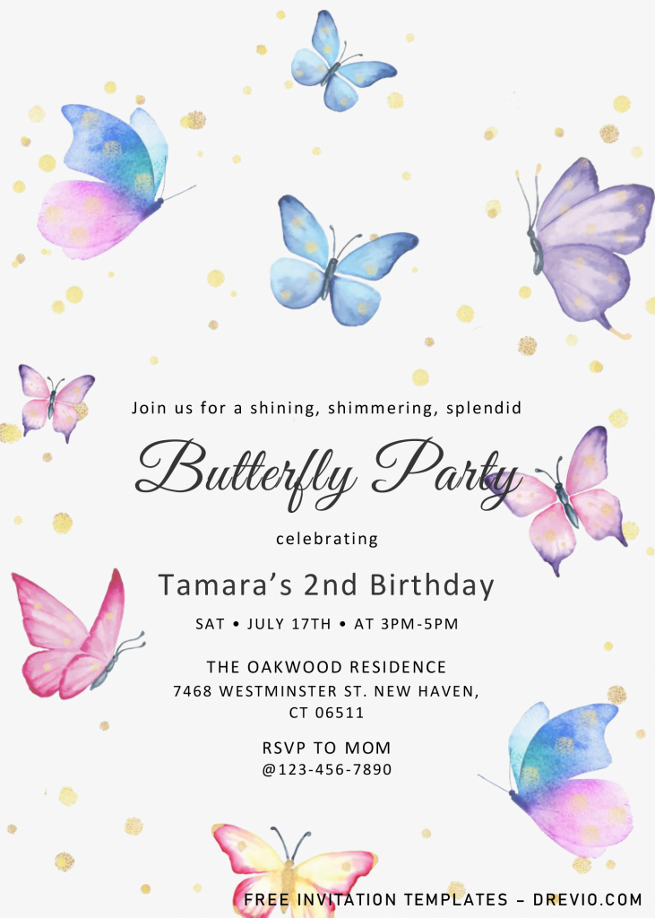 Magical Butterflies Invitation Templates - Editable .Docx and has white background