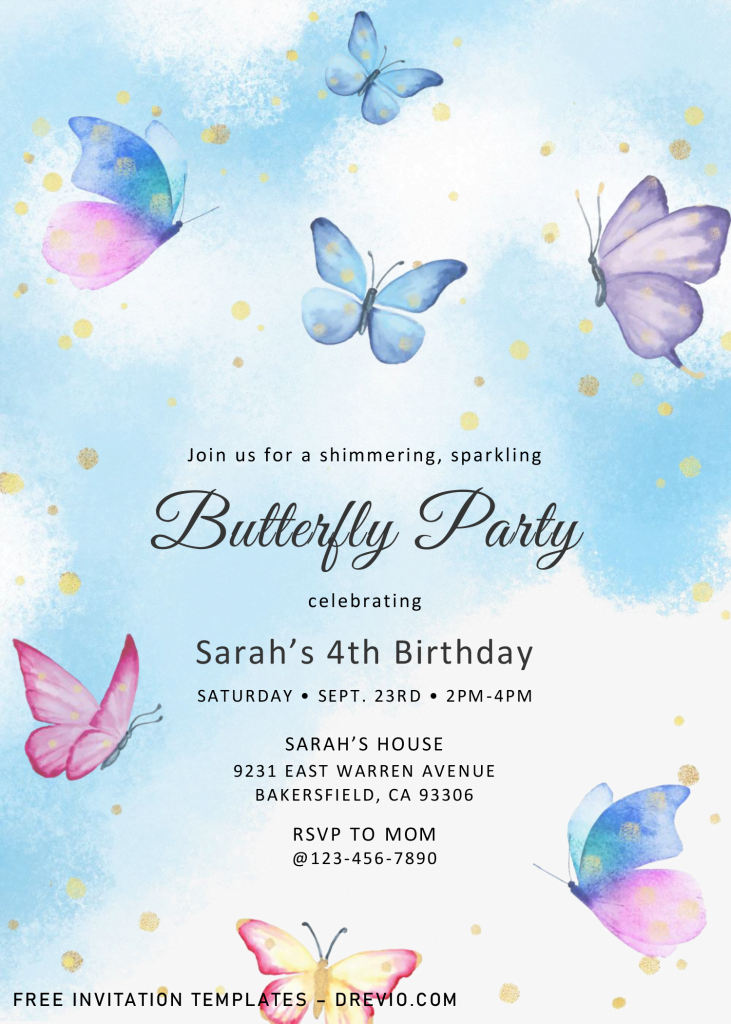 Magical Butterflies Invitation Templates - Editable .Docx and has blue shaded background