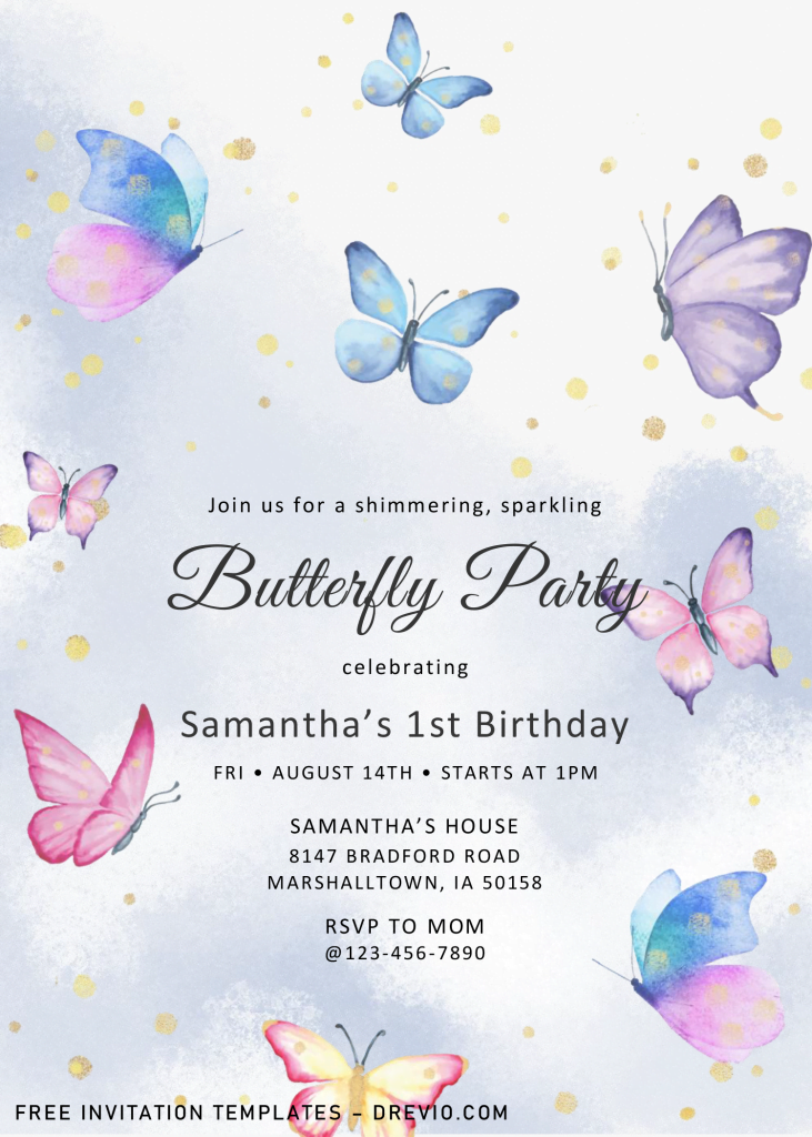 Magical Butterflies Invitation Templates - Editable .Docx and has blue and pink butterflies