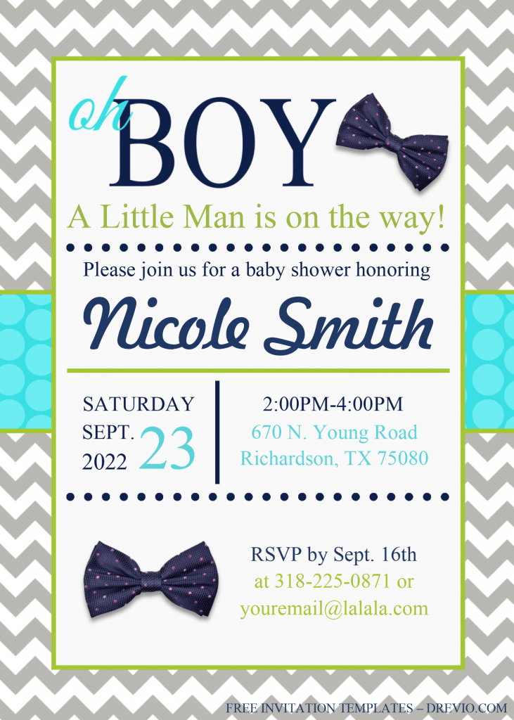 Oh Boy Invitation Templates - Editable With MS Word and has navy bow tie