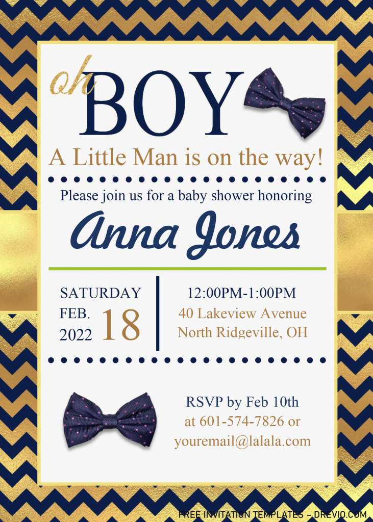 Oh Boy Invitation Templates - Editable With MS Word and has navy and gold chevron background