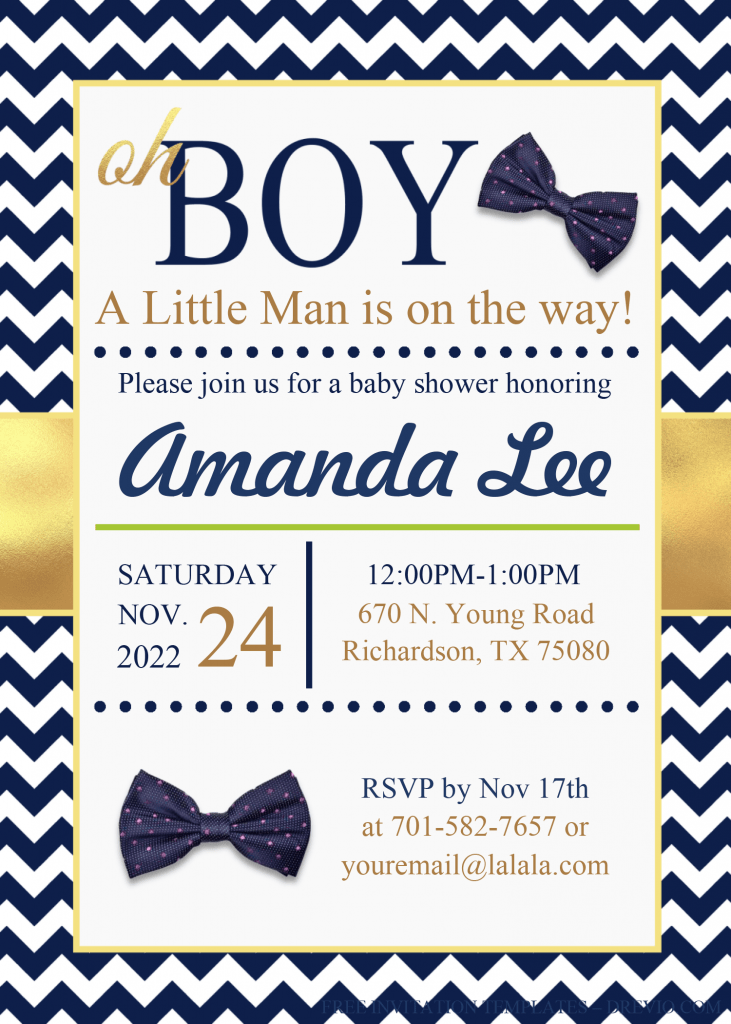 Oh Boy Invitation Templates - Editable With MS Word and has navy blue chevron and gold foil ribbon