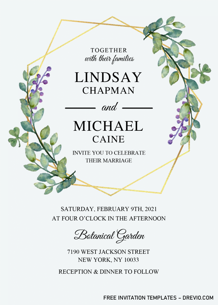 Gold Geometric Floral Invitation Templates - Editable With Microsoft Word and has greenery eucalyptus