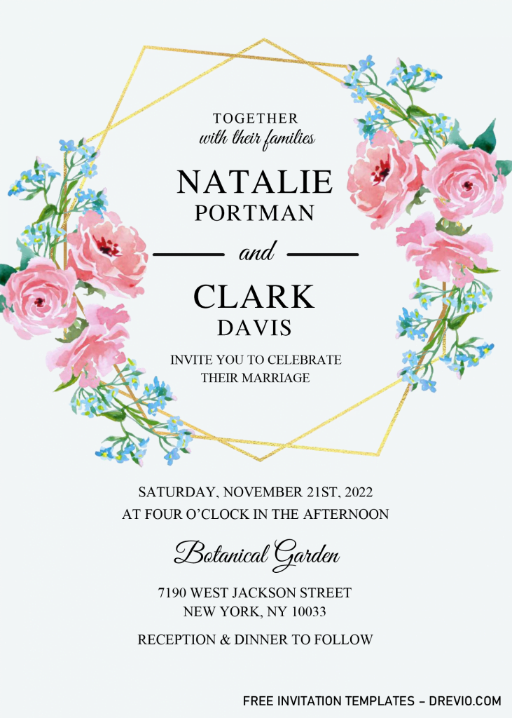 Gold Geometric Floral Invitation Templates - Editable With Microsoft Word and has pink roses