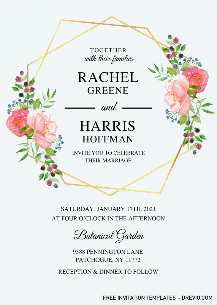 Gold Geometric Floral Invitation Templates - Editable With Microsoft Word and has blush pink watercolor floral