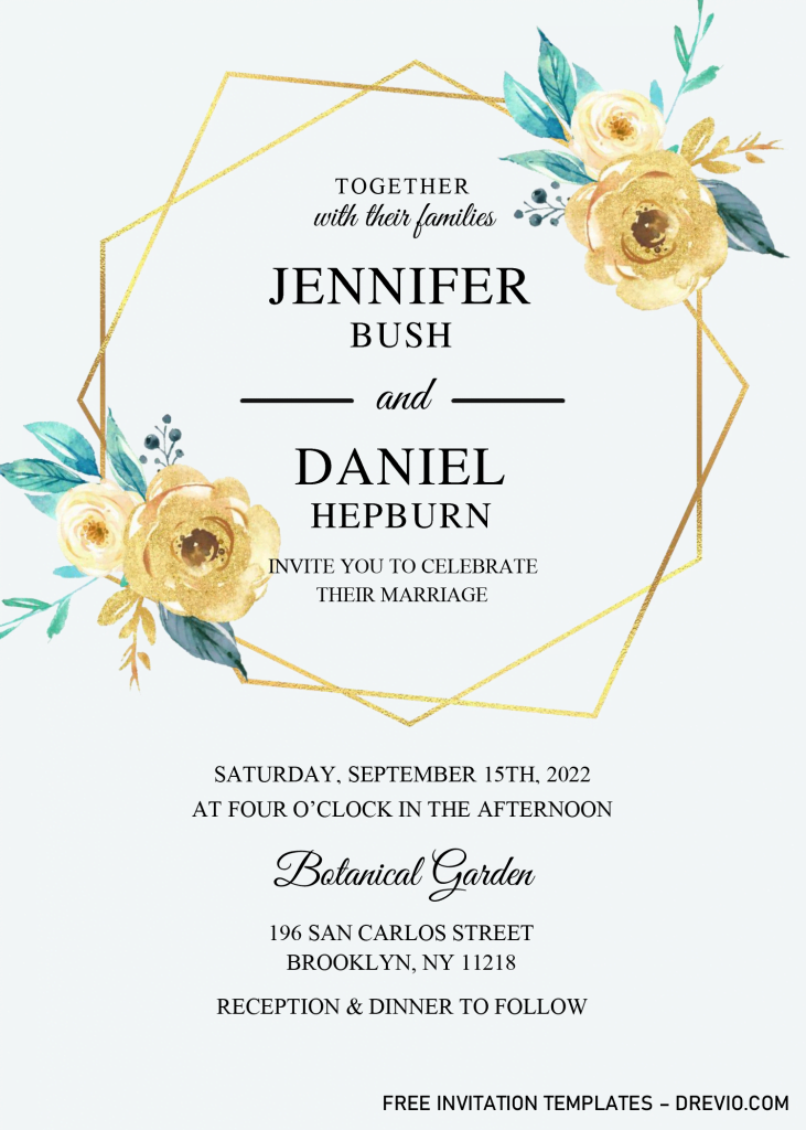 Gold Geometric Floral Invitation Templates - Editable With Microsoft Word and has gold geometric frame