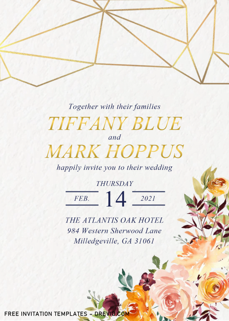 Geometric Floral Invitation Templates - Editable .Docx and has gold geometric pattern