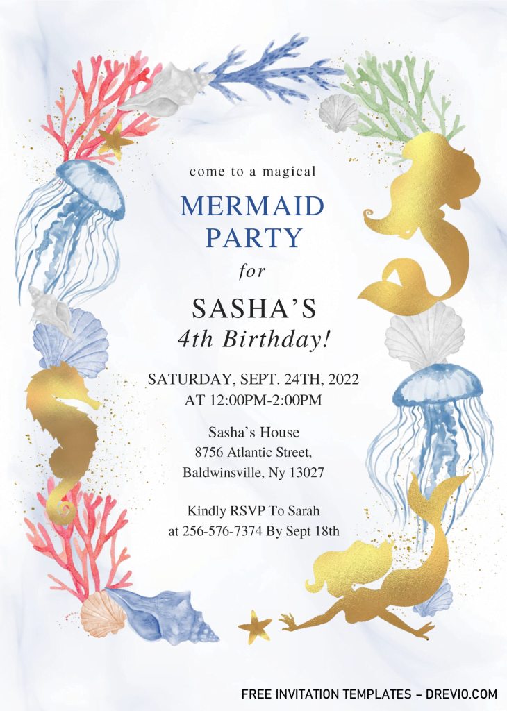 Mermaid Party Invitation Templates - Editable With Microsoft Word and has jellyfish and coral reef