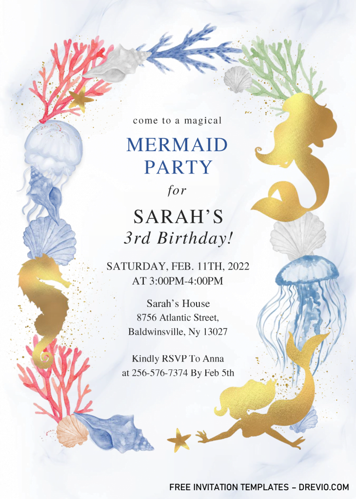 Mermaid Party Invitation Templates - Editable With Microsoft Word and has white and blue marble background