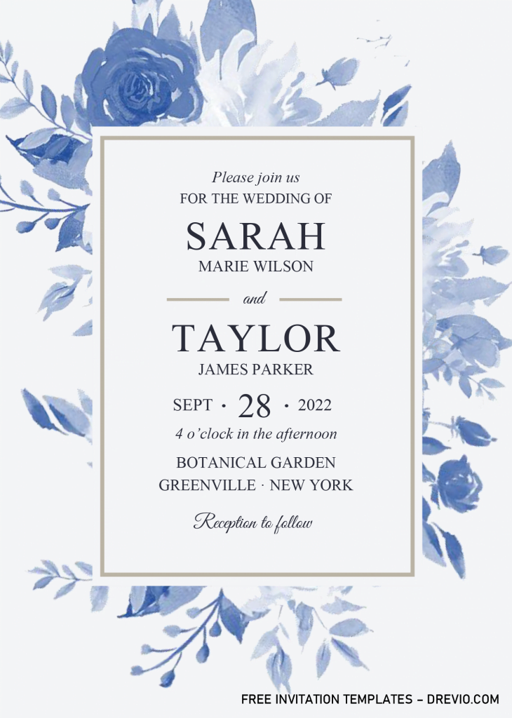 Modern Blue Invitation Templates - Editable With Microsoft Word and has fainted blue roses