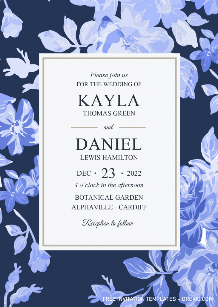 Modern Navy Invitation Templates - Editable With Microsoft Word and has blue floral