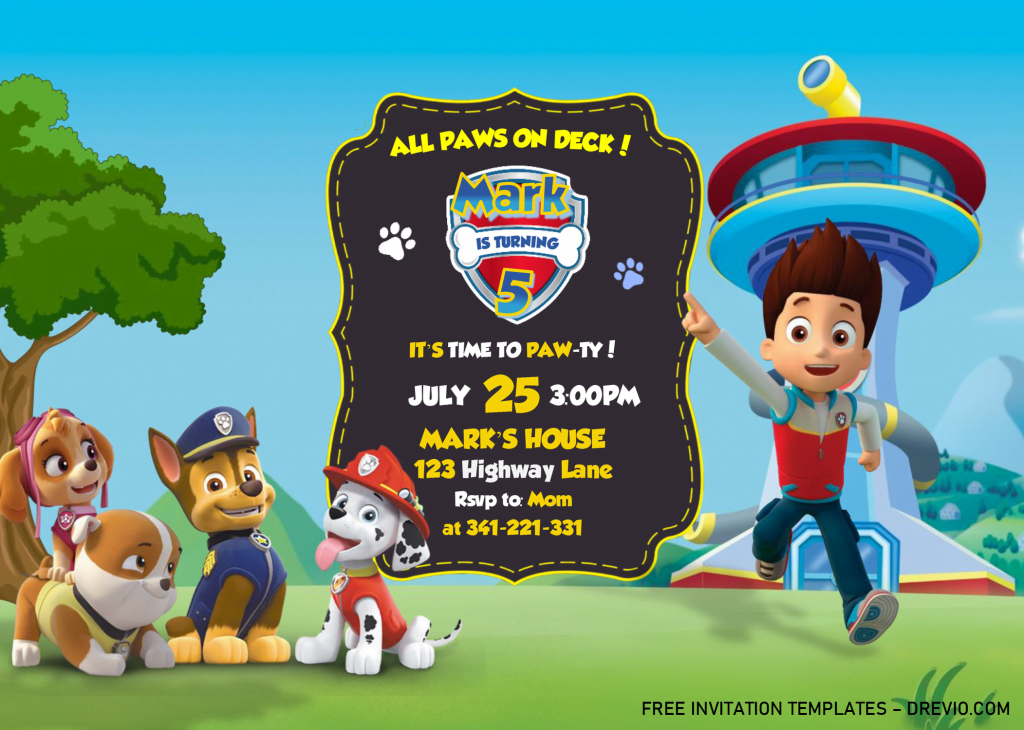 PAW Patrol Invitation Templates - Editable With MS Word and has cartoon trees and watch tower