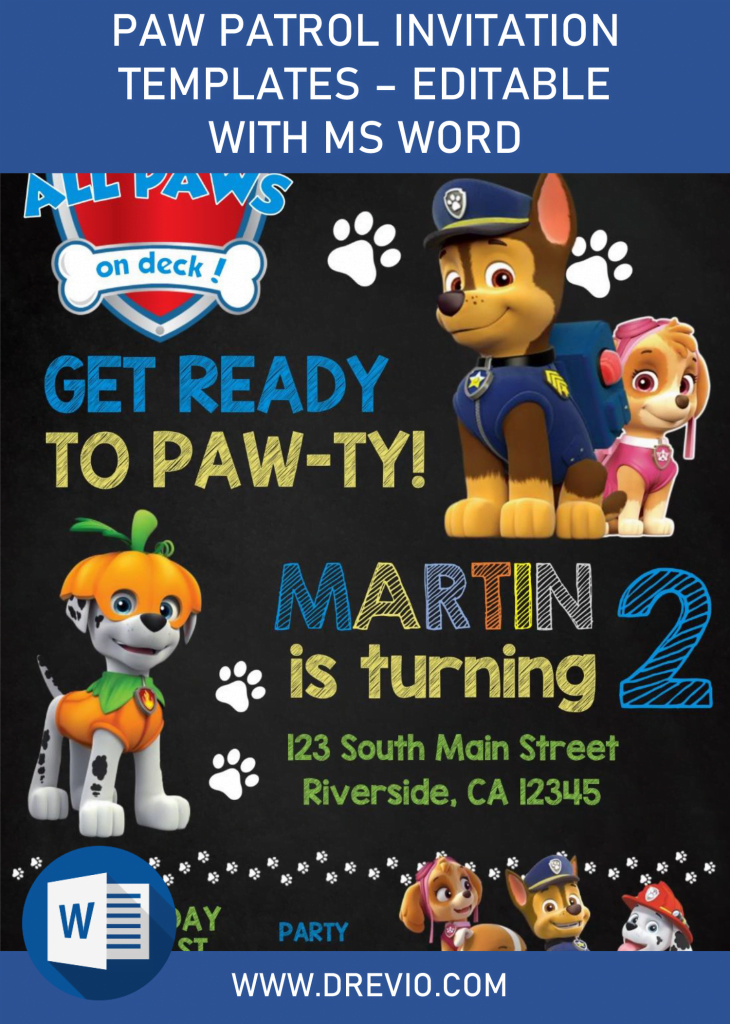 Invitation Template of FREE Chalkboard PAW Patrol Invitation Templates - Editable With MS Word 2