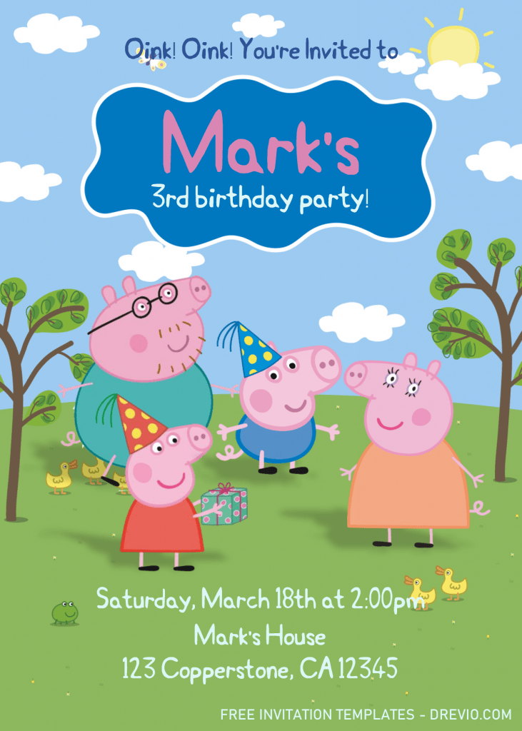 Peppa Pig Invitation Templates - Editable .Docx and has fluffy clouds