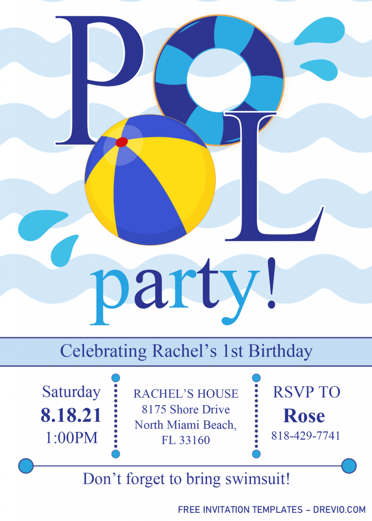Pool Party Invitation Templates - Editable .Docx and has colorful pool ball