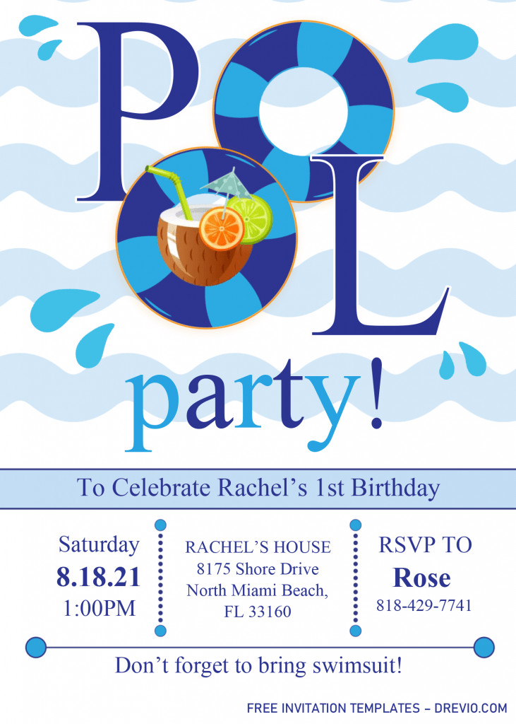 Pool Party Invitation Templates - Editable .Docx and has wave pattern