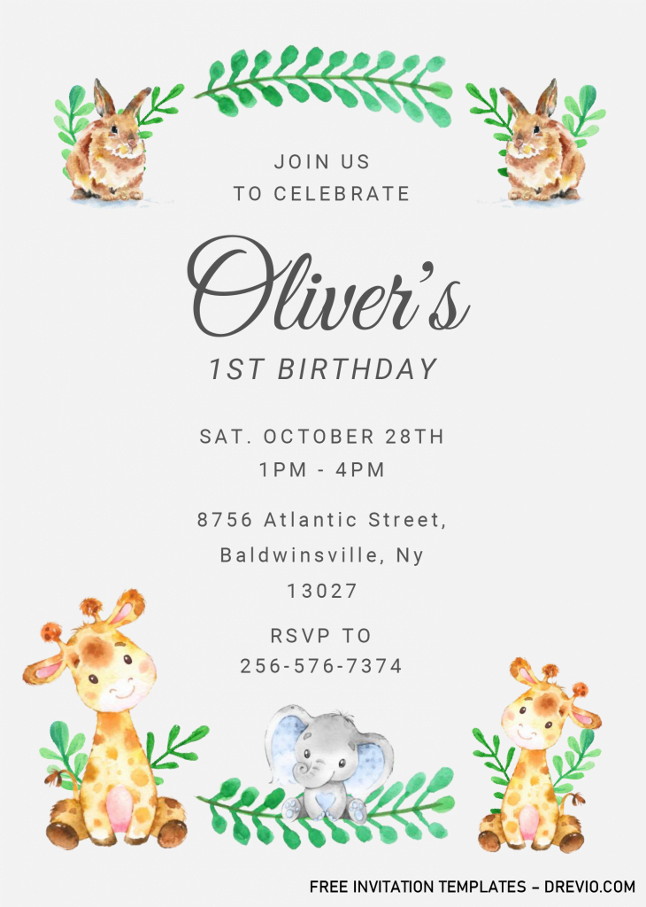 Safari Baby Invitation Templates - Editable With MS Word and has watercolor rabbit and elephant
