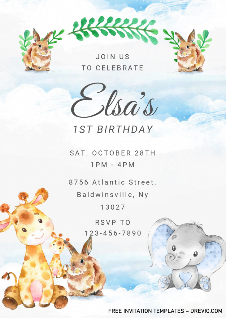 Safari Baby Invitation Templates - Editable With MS Word and has fluffy clouds
