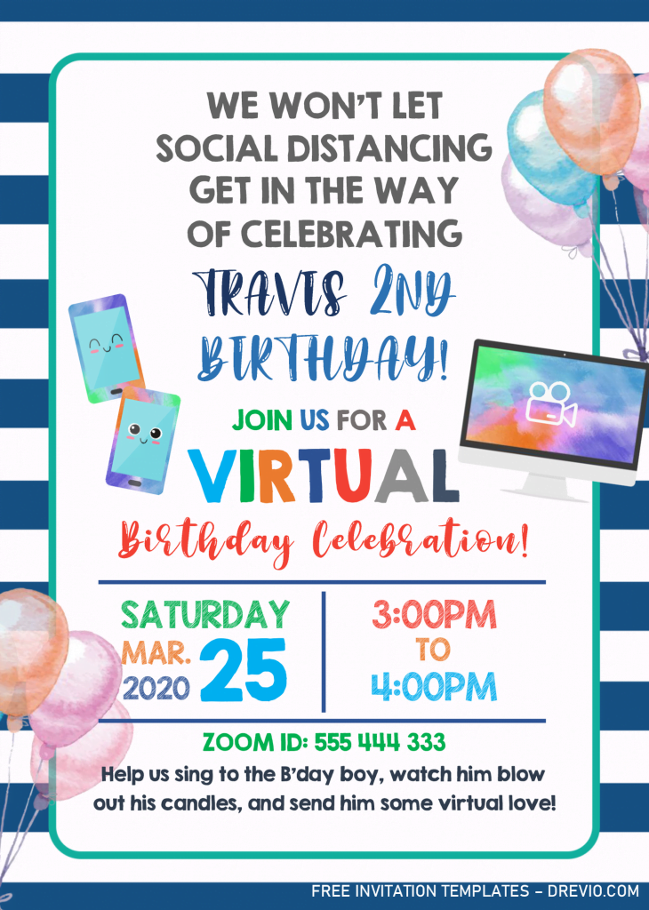 Virtual Party Invitation Templates - Editable With MS Word and has colorful watercolor balloons
