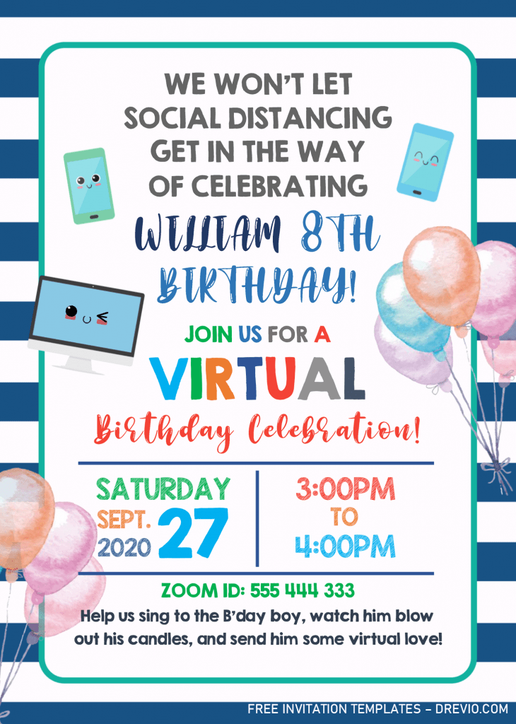 Virtual Party Invitation Templates - Editable With MS Word and has blue stripe background