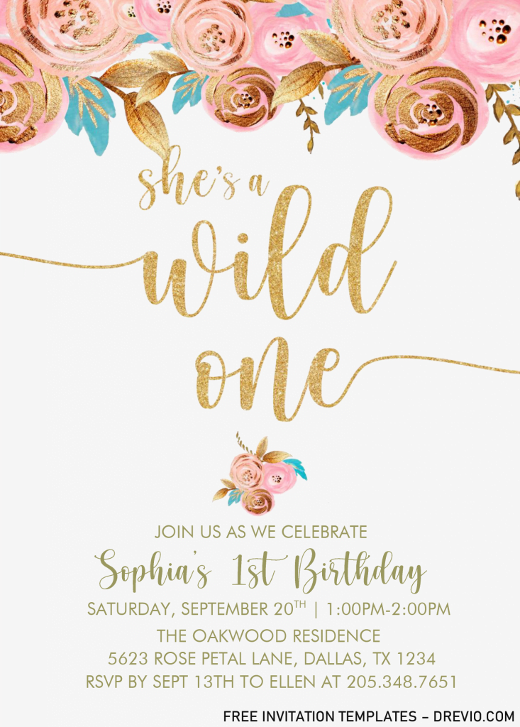 Gold Floral Wild One Invitation Templates - Editable With MS Word and has 
