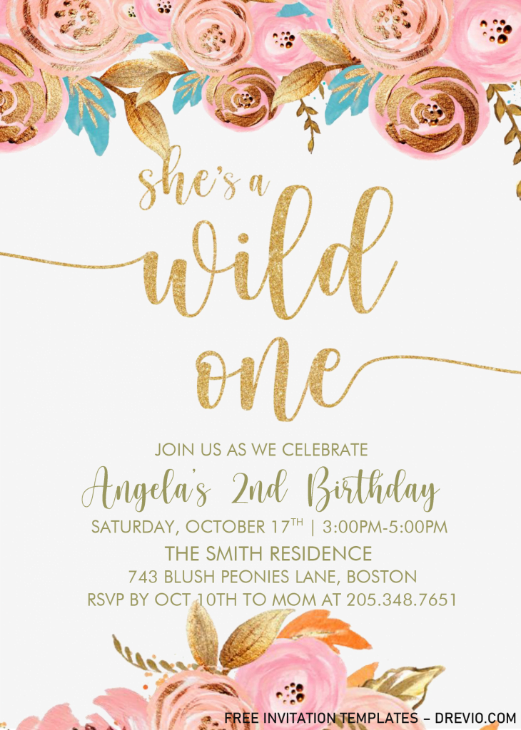 Gold Floral Wild One Invitation Templates - Editable With MS Word and has 