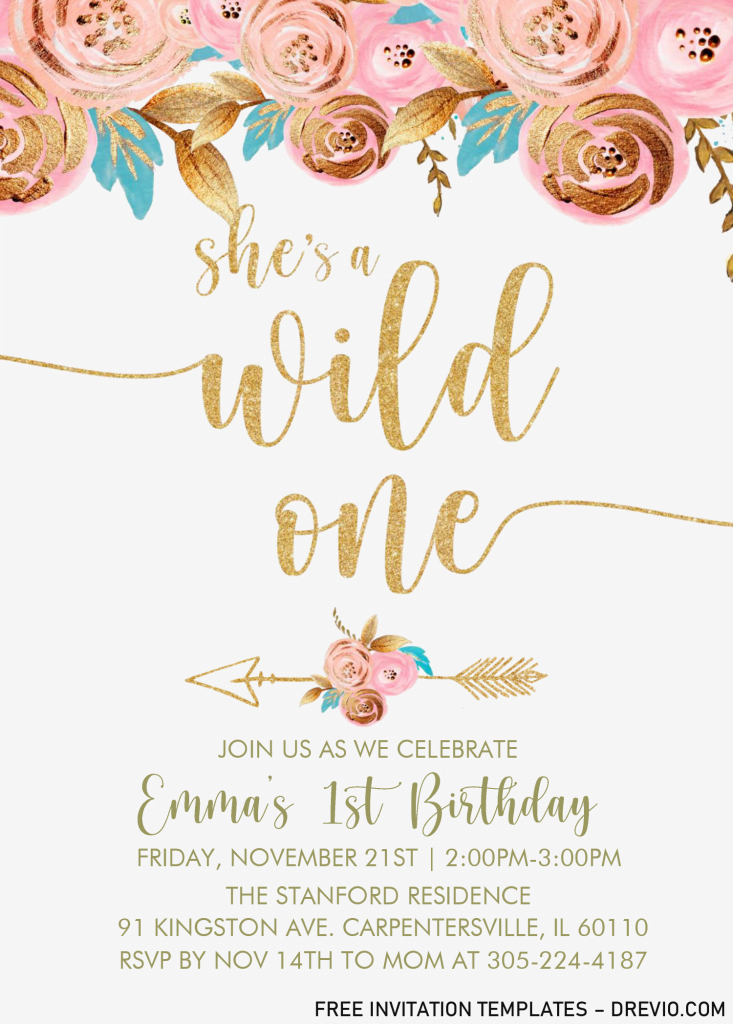 Gold Floral Wild One Invitation Templates - Editable With MS Word and has gold floral