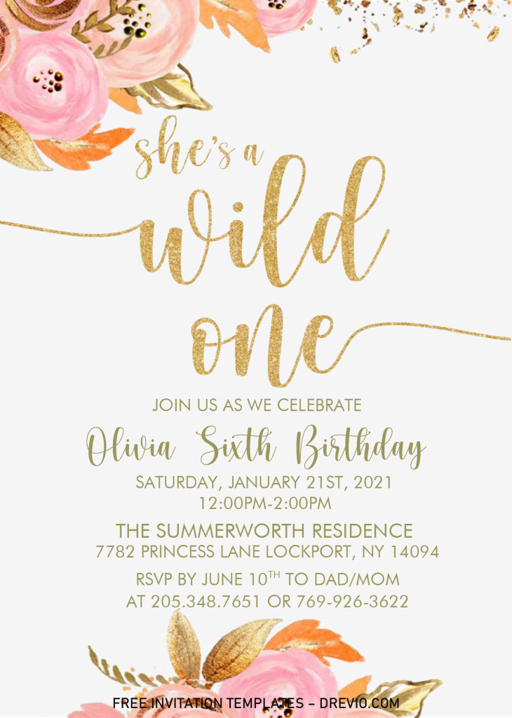 Gold Floral Wild One Invitation Templates - Editable With MS Word and has white background