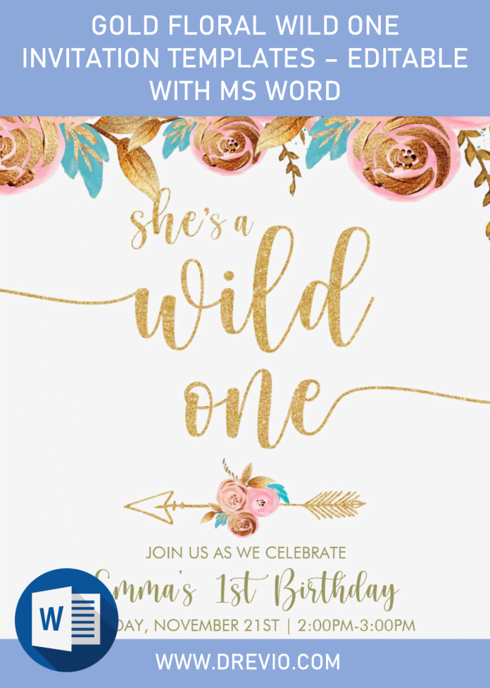 Gold Floral Wild One Invitation Templates – Editable With MS Word ...