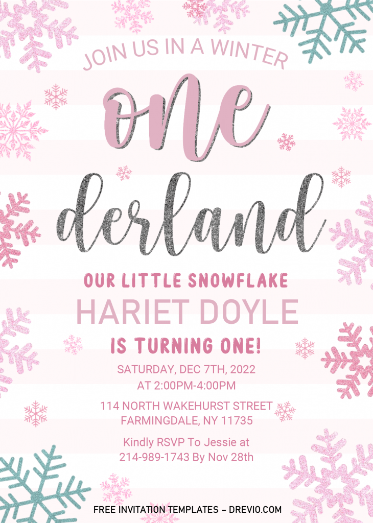 Winter Onederland Invitation Templates - Editable .Docx and has pink glitter font