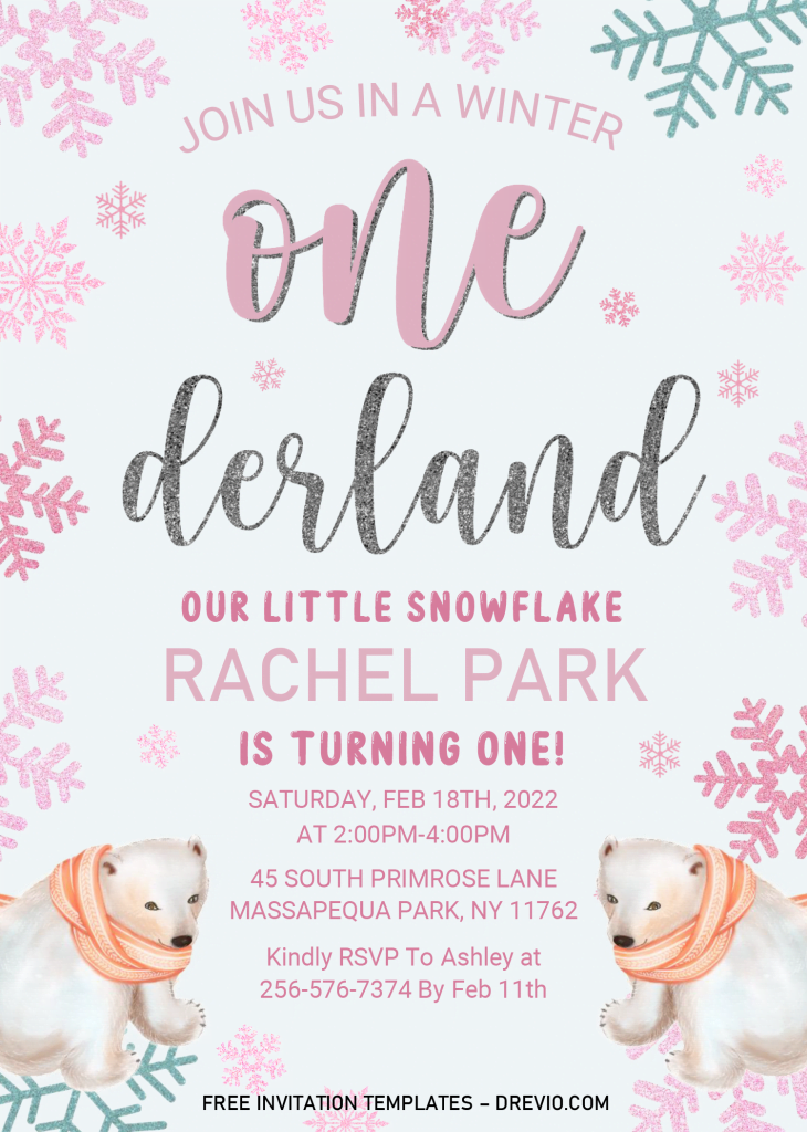 Winter Onederland Invitation Templates - Editable .Docx and has white pinkish background