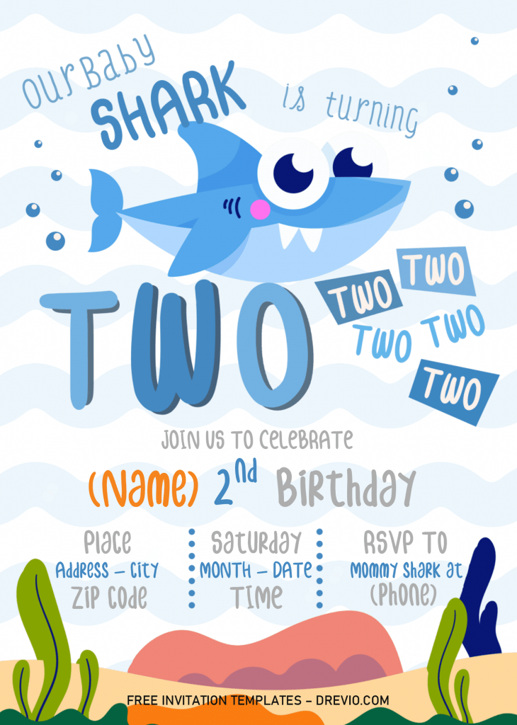 Baby Shark Invitation Templates - Editable With Microsoft Word and has blue wave pattern or background