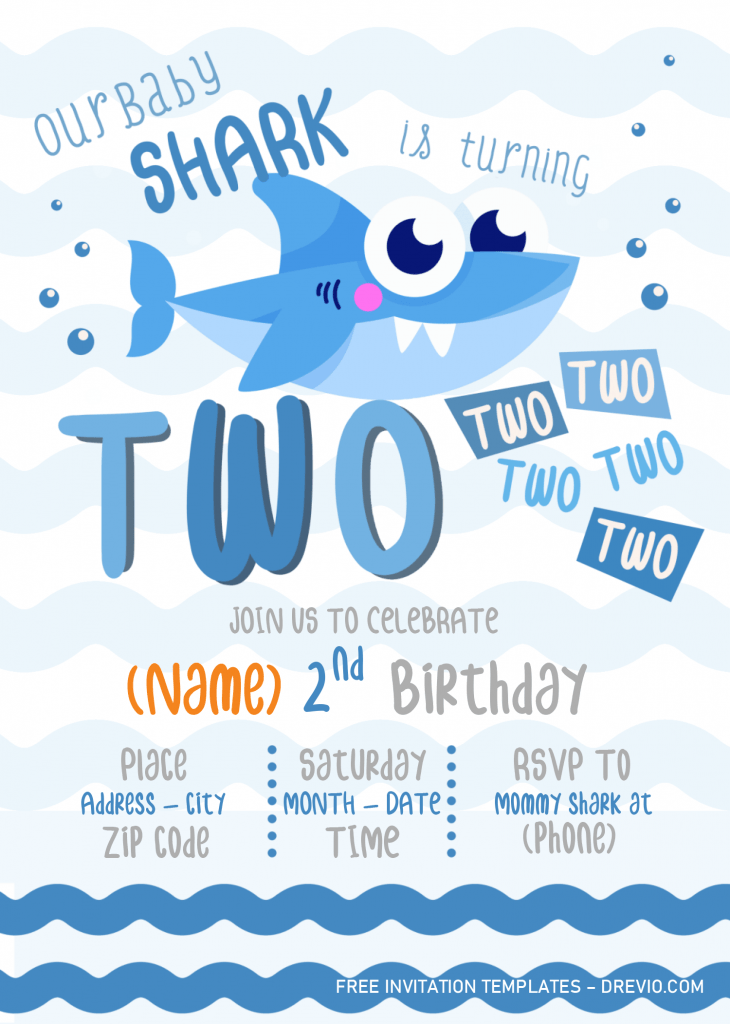 Baby Shark Invitation Templates - Editable With Microsoft Word and has blue baby shark
