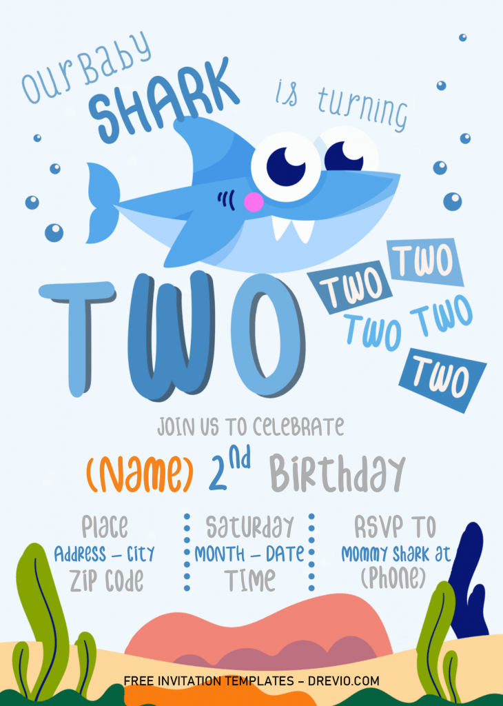 Baby Shark Invitation Templates - Editable With Microsoft Word and has sea corals and seaweeds