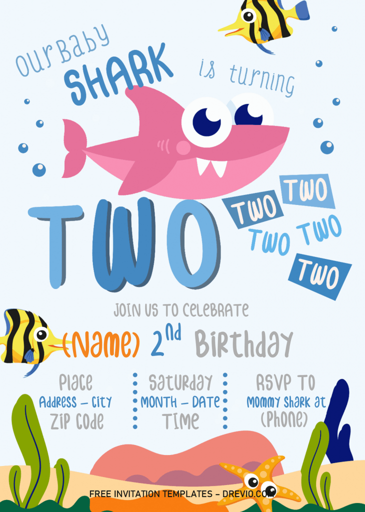 Baby Shark Invitation Templates - Editable With Microsoft Word and has under the sea elements