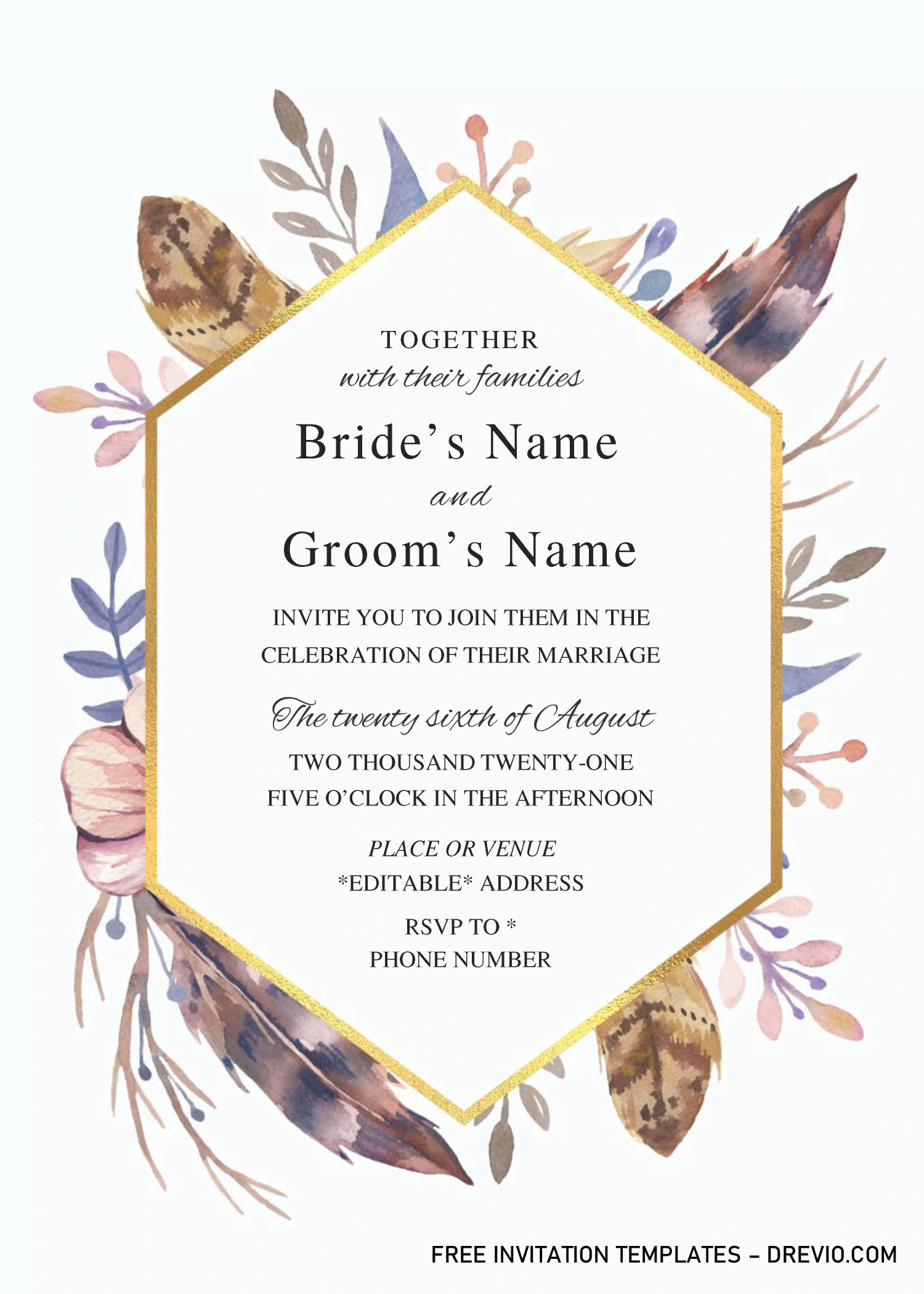 Boho Floral Wedding Invitation Templates Editable .Docx Download