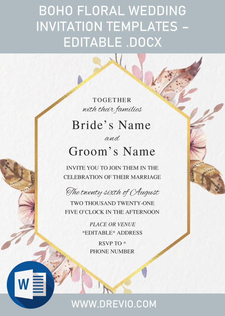 Invitation Template of Boho Floral Wedding Invitation Templates - Editable .Docx 1