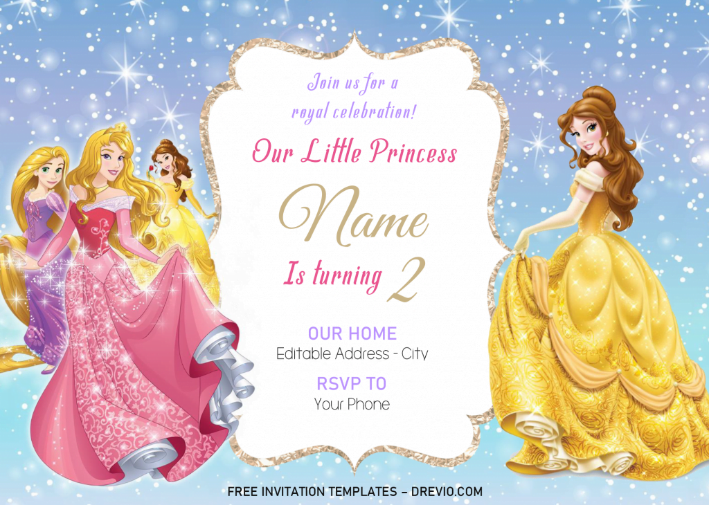 Disney Princess Invitation Templates - Editable With MS Word and has dazzling background and snowflakes