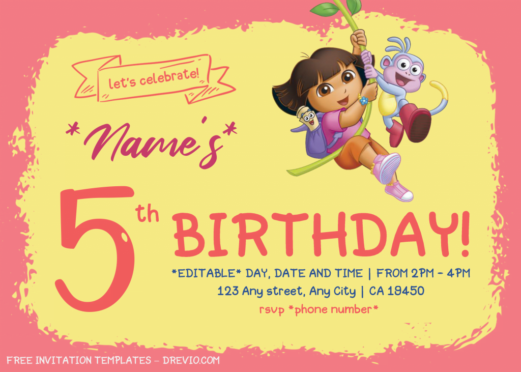 Dora The Explorer Birthday Invitation Templates - Editable With Microsoft Word and has dora and boots hanging on tree