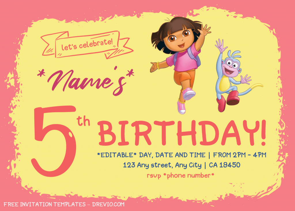 Dora The Explorer Birthday Invitation Templates - Editable With Microsoft Word and has boots