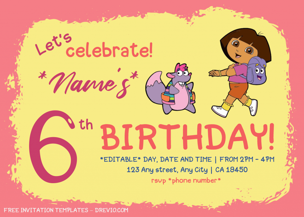 Dora The Explorer Birthday Invitation Templates - Editable With Microsoft Word and has dora and backpack
